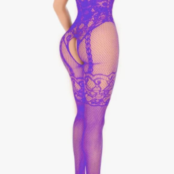 Purple Floral Pattern Fishnet Bodysuit - Picture 5 of 7